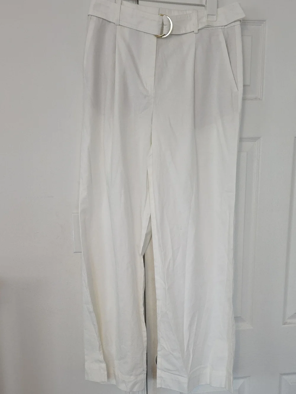 LOFT High-Rise White Belted Straight-Leg Peyton Trouser